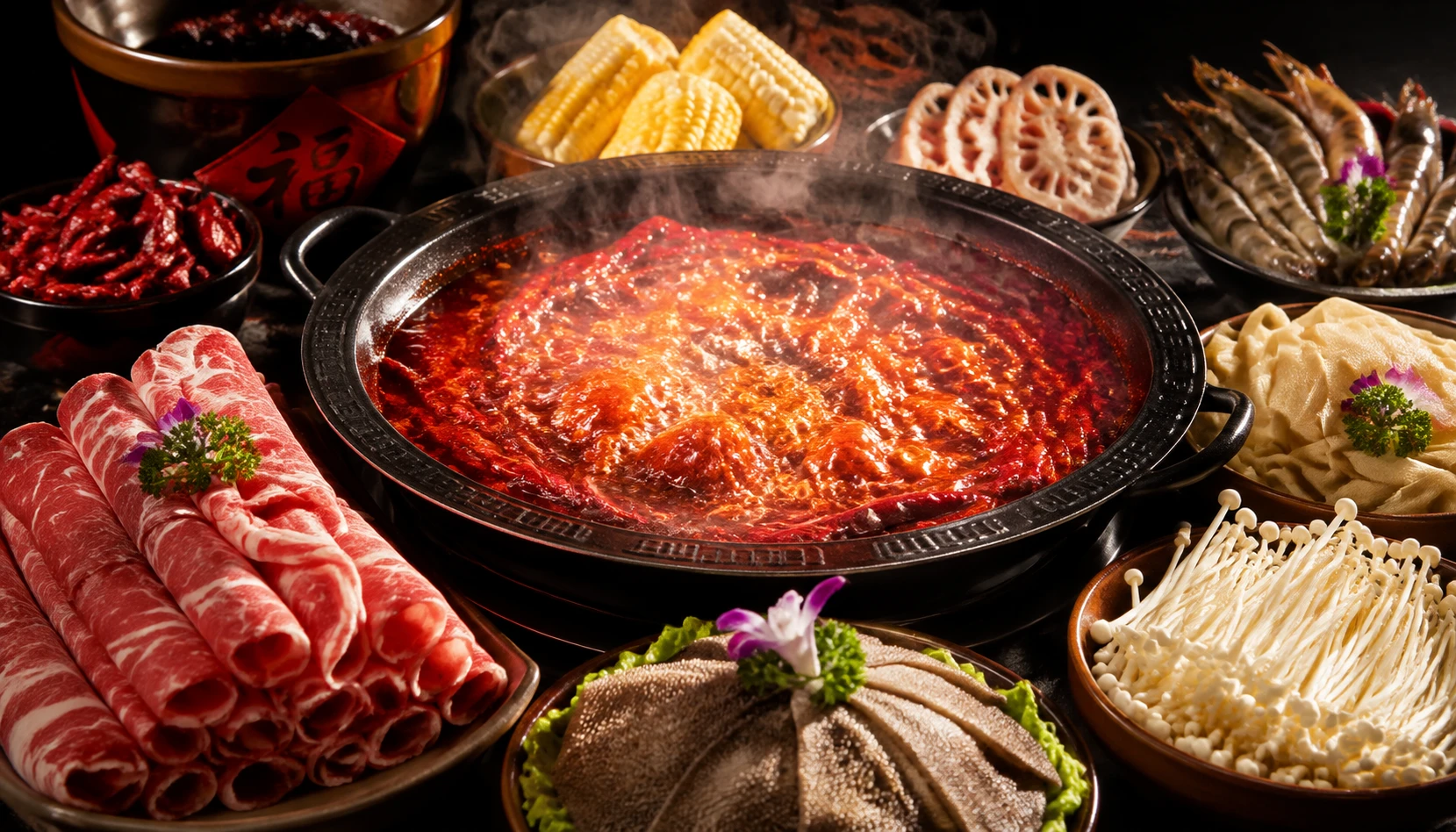 A bubbling Chinese hot pot surrounded by fresh ingredients