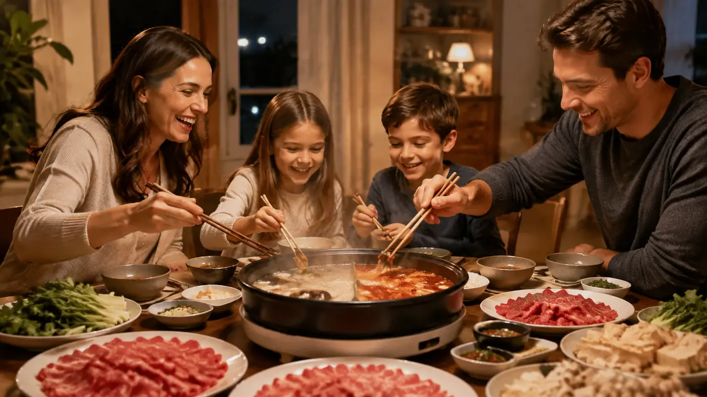 Family hot pot spread on the table